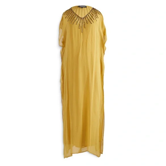 J. Peterman Company The Evening Caftan Gown Beaded Maxi Dress MuMu Yellow Gold M - Picture 4 of 16